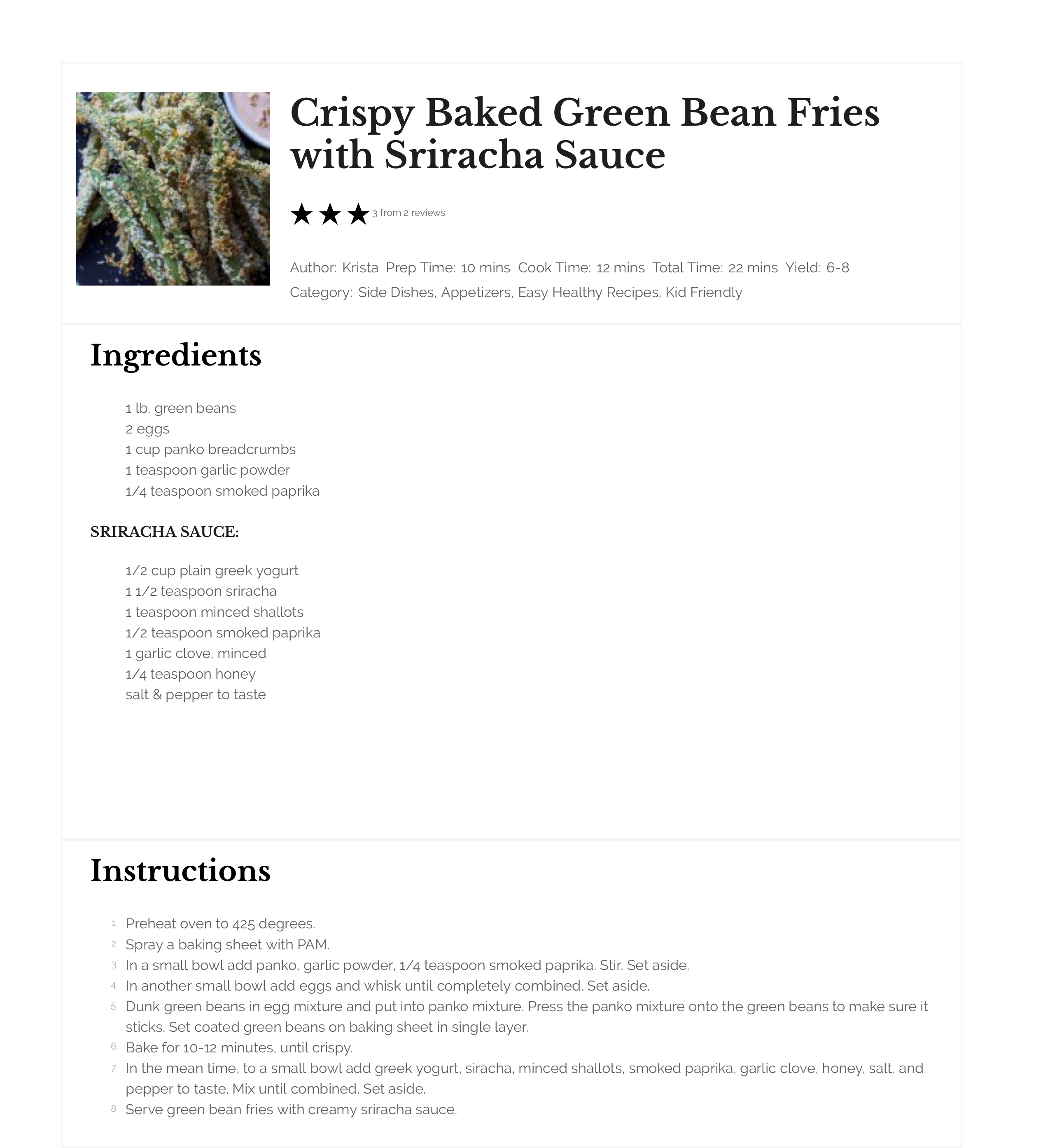 Crispy Baked Green Bean Fries with Creamy Sriracha Sauce | Easy Healthy Recipes